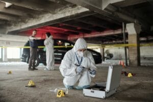 Expert in protective workwear looking for murderer fingerprints on crime scene