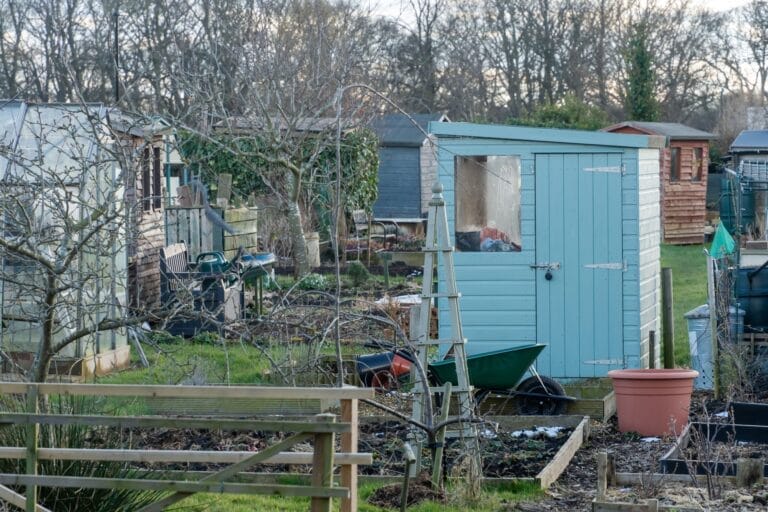 Allotment in the month of March. View over plots with sheds and raised beds, preparation for Spring