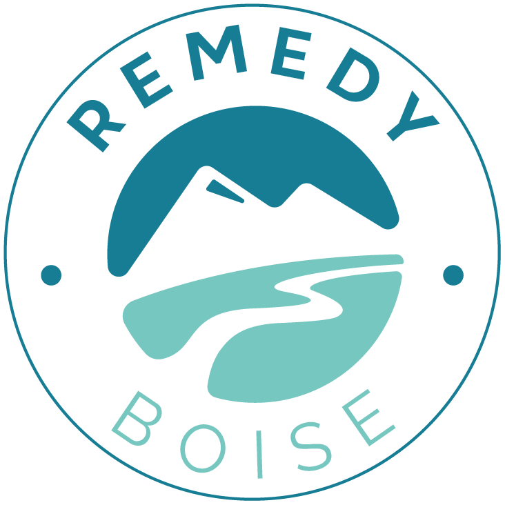 Remedy Restoration logo with a stylized design, related to biohazard cleanup Boise, featuring bold, modern typography.