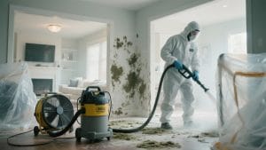 mold removal Boise ID - Certified mold removal technician in Boise ID wearing protective gear and inspecting a wall for mold