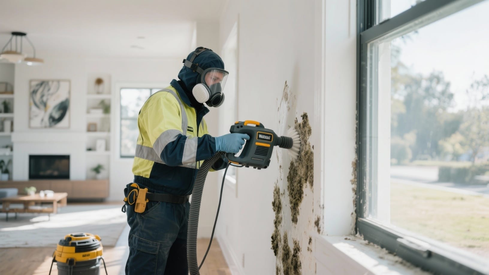 mold removal Walnut Creek - A professional technician in protective gear performing mold removal in Walnut Creek, using speci