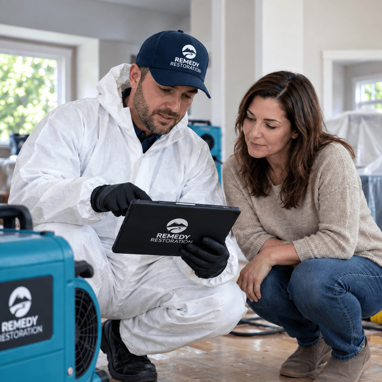 Remedy Restoration cleanup specialist in protective suit reviewing a cleanup plan on a tablet with a homeowner