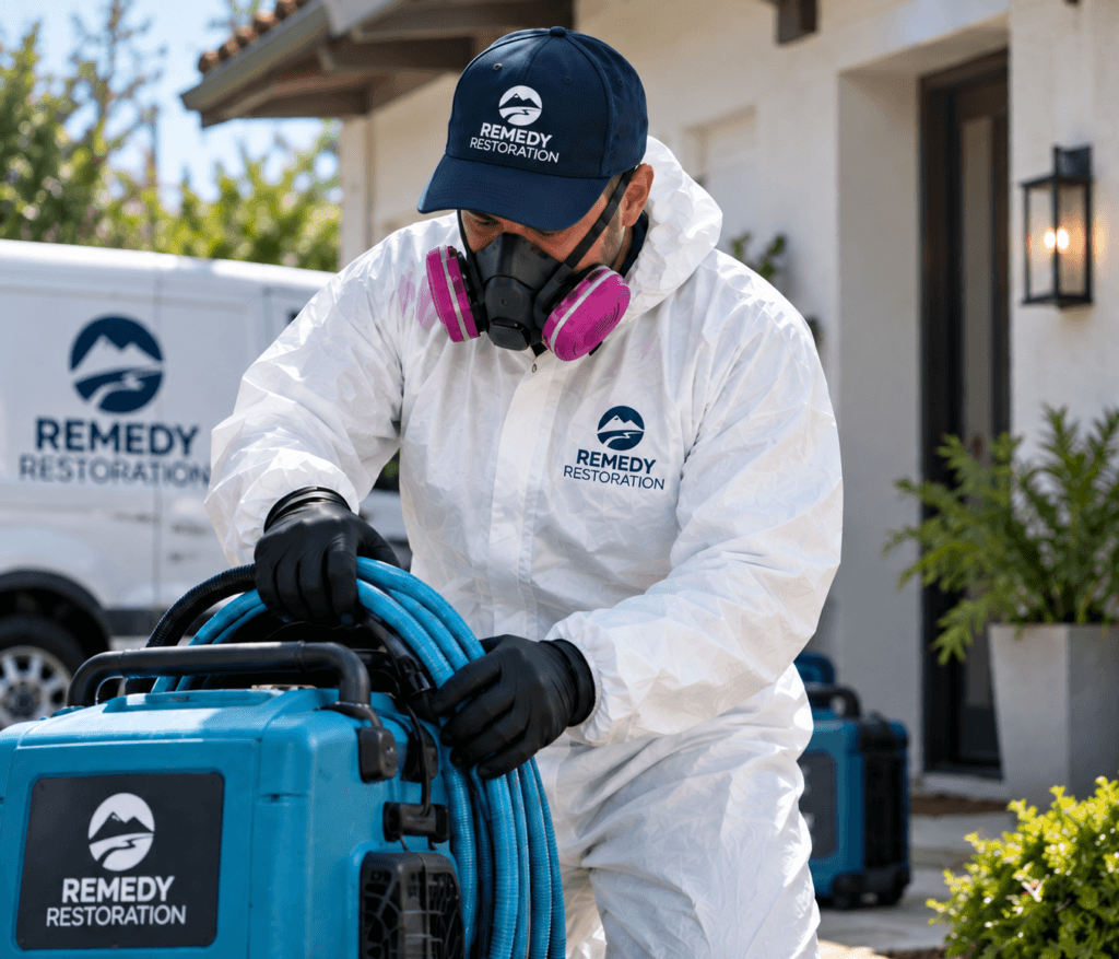 Remedy Restoration biohazard cleanup technician in protective suit and respirator preparing equipment at a Monterey Bay Area home