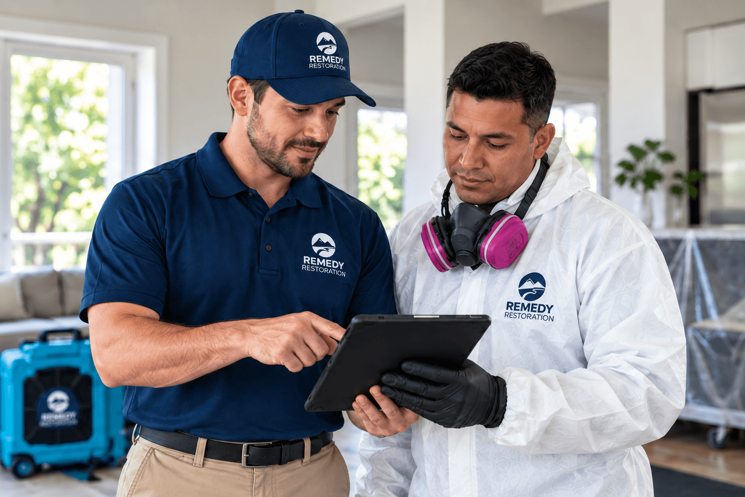 Two Remedy Restoration specialists reviewing a cleanup plan on a tablet inside a client home