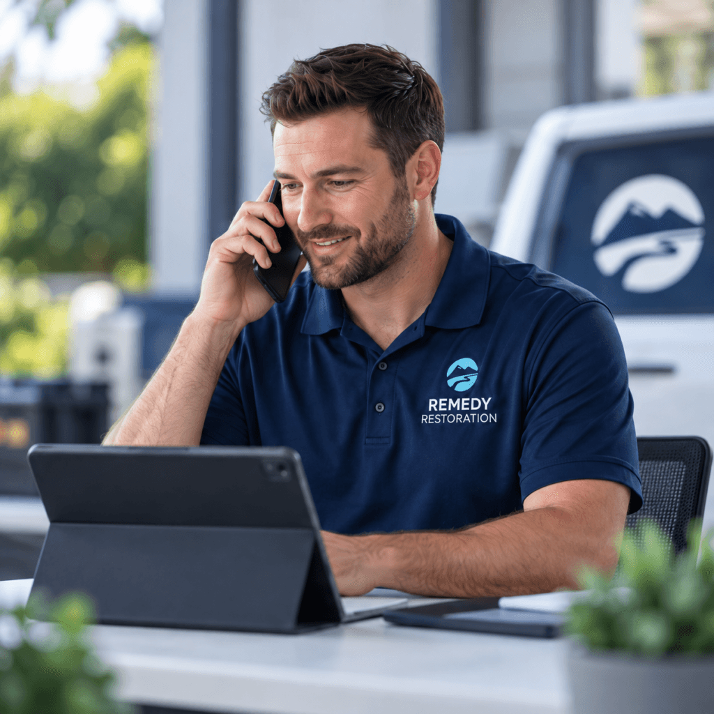 Remedy Restoration specialist on the phone with a client while reviewing details on a tablet